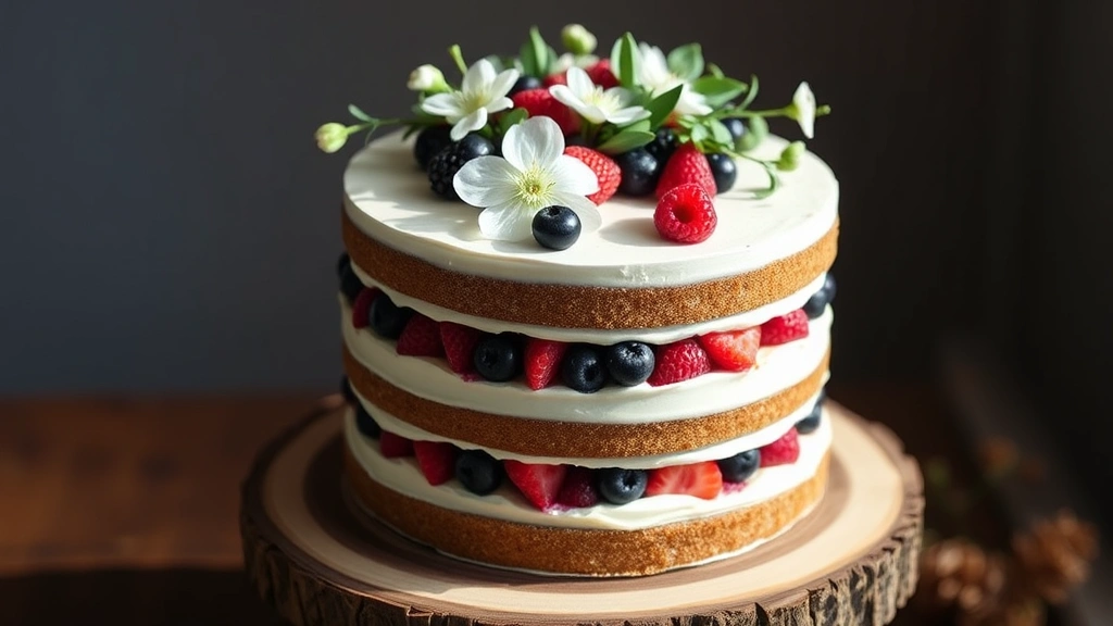 Modern naked cake with exposed layers and fresh berries, topped with green eucalyptus sprigs and white flowers, displayed on a wooden cake stand in natural lighting