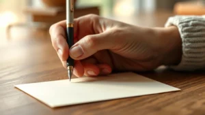 Close-up of a hand holding an elegant pen writing on a blank cream-colored greeting card on a wooden desk with soft natural lighting