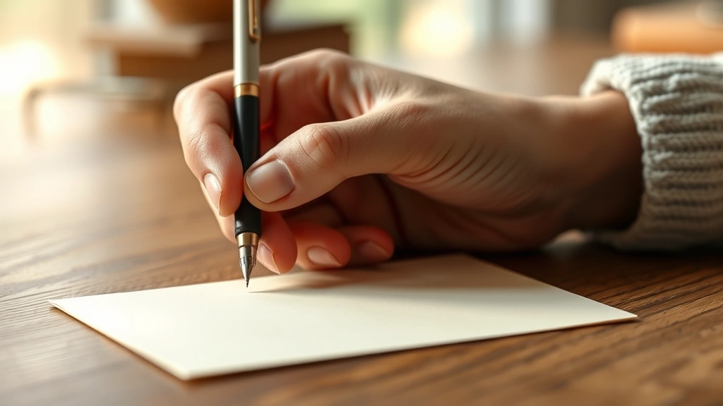Close-up of a hand holding an elegant pen writing on a blank cream-colored greeting card on a wooden desk with soft natural lighting