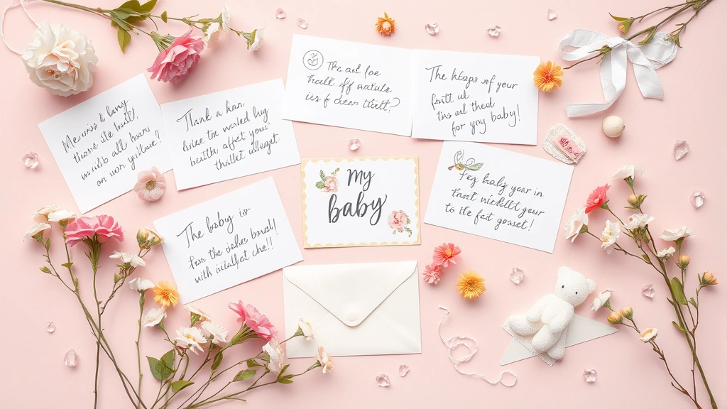Overhead flat lay of multiple handwritten cards, envelopes, flowers, and baby-themed decorative elements arranged artfully on a pastel background