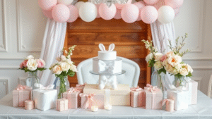 Elegant baby shower table setting with soft pastel decorations, flowers, and gift boxes, no text no words no letters