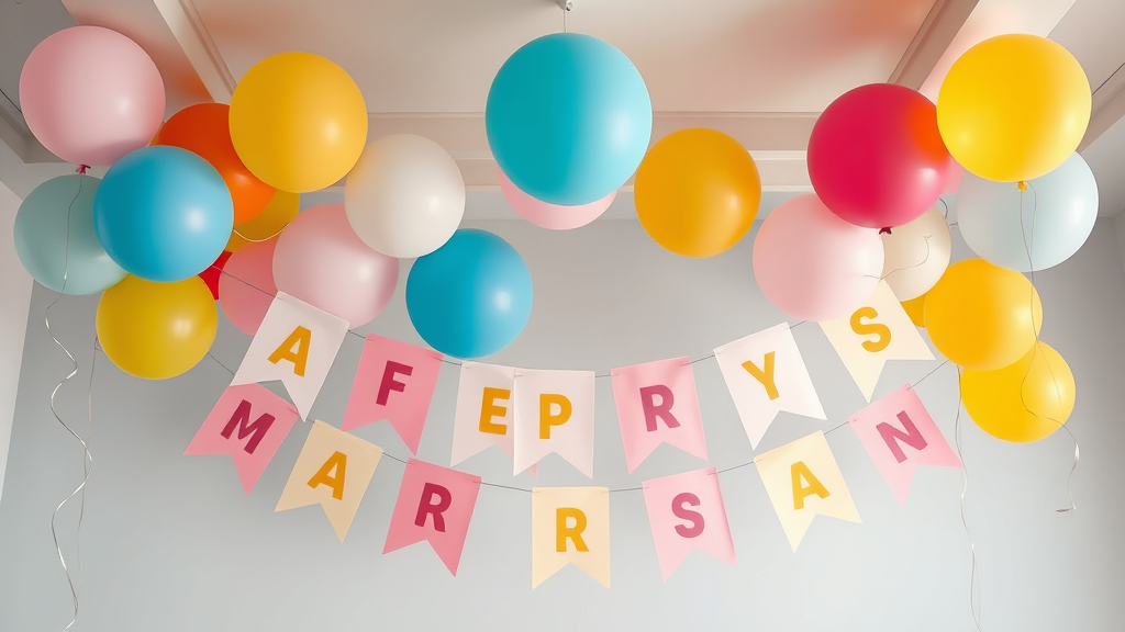 Handmade paper banner and balloon decorations in nursery colors hanging from ceiling, no text no words no letters