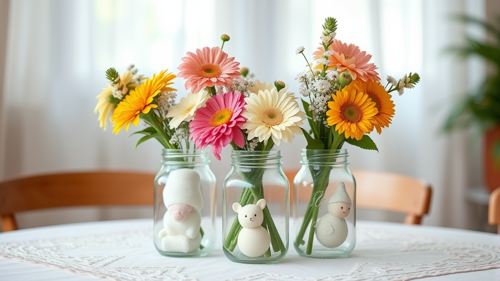 DIY centerpiece with mason jars, baby items, and fresh flowers on decorated table, no text no words no letters