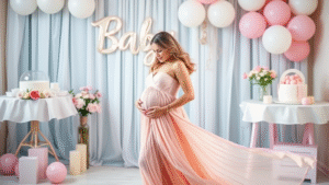 Elegant pregnant woman in flowing pastel dress at baby shower celebration, no text no words no letters