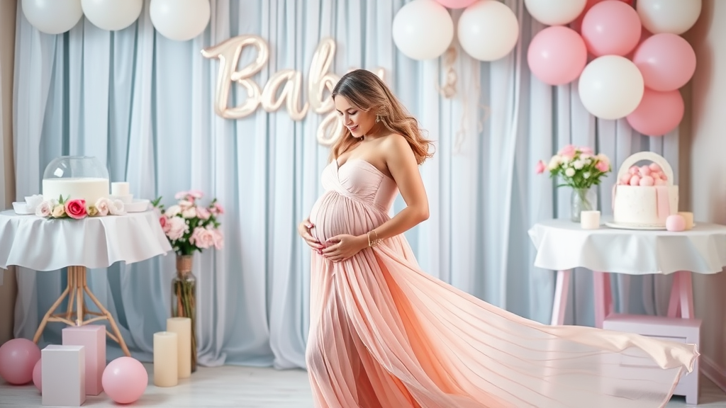 Elegant pregnant woman in flowing pastel dress at baby shower celebration, no text no words no letters