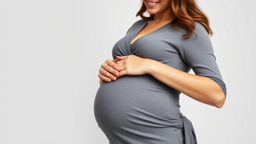 Pregnant woman adjusting comfortable wrap dress while smiling, no text no words no letters