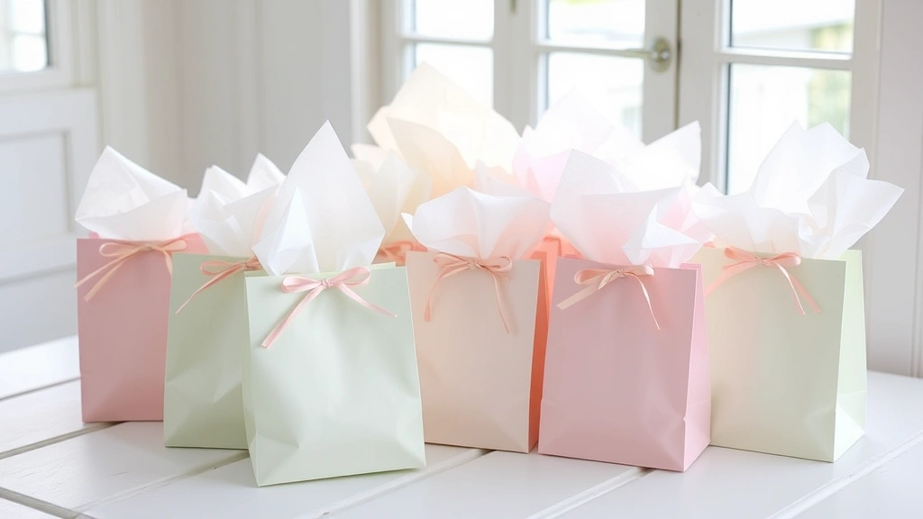 A beautifully arranged collection of baby shower favor gift bags in soft pastel colors with tissue paper overflow, photographed on a white wooden surface with natural window lighting