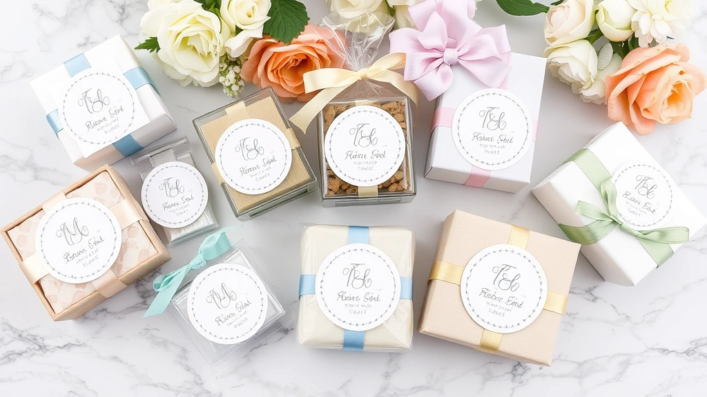 Close-up of various personalized baby shower favors including monogrammed items, custom labels, and wrapped gifts arranged artfully on a marble background with flowers