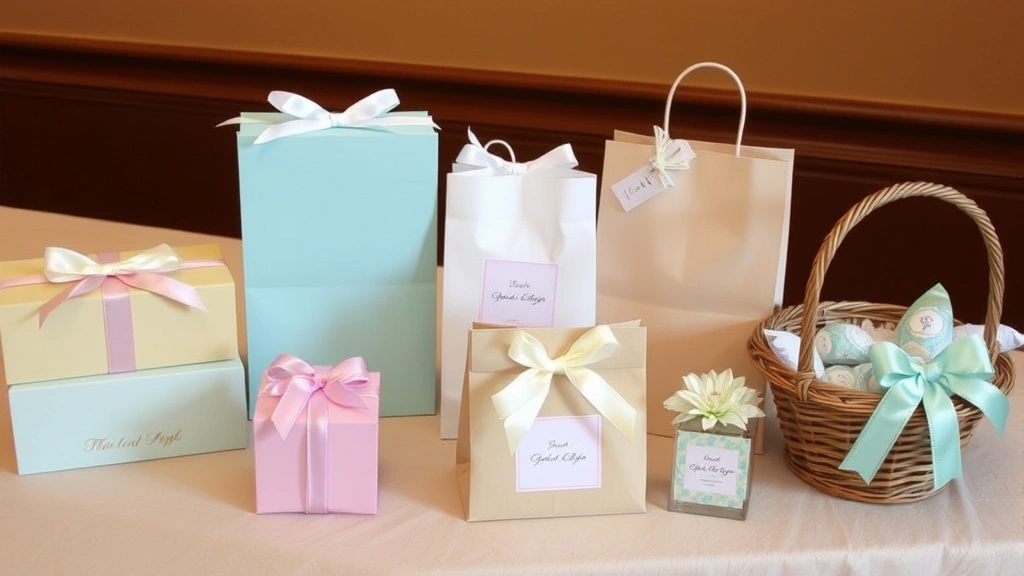 A gift table display showing multiple favor packaging options including luxury boxes, reusable bags, and decorated baskets with coordinating ribbons and decorative elements