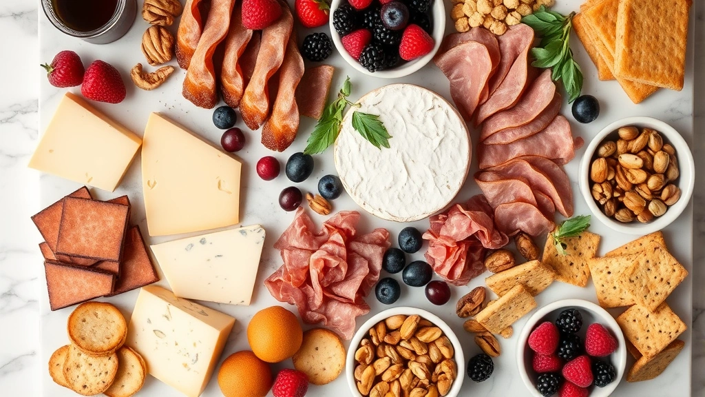Overhead flat lay of elegant charcuterie board with artisan cheeses, cured meats, fresh berries, nuts, and crackers arranged on marble surface