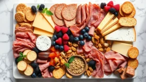 Overhead view of a beautifully arranged charcuterie board with assorted cheeses, cured meats, fresh berries, nuts, and crackers on a marble surface, natural lighting