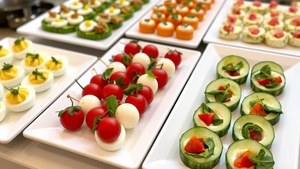 Beautiful spread of colorful appetizers including deviled eggs, caprese skewers, spinach cups, and cucumber rounds on white serving platters