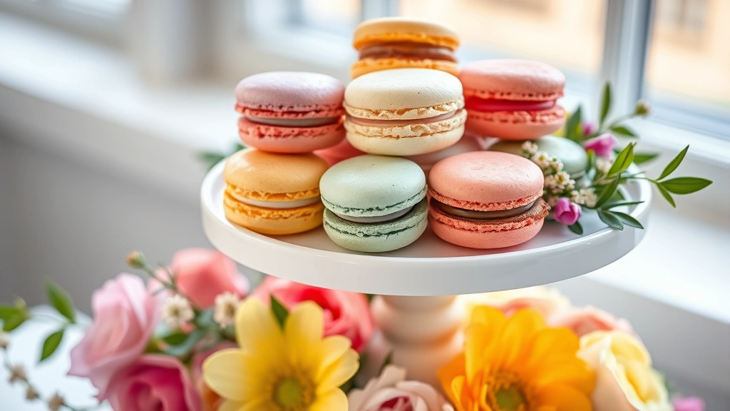 Close-up of colorful macarons arranged on a tiered white cake stand with fresh flowers and greenery, soft natural window light