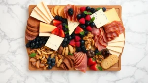 Overhead view of an elegant charcuterie board with assorted cheeses, cured meats, fresh berries, nuts, and crackers arranged on a marble surface