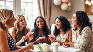 Group of diverse friends laughing and playing a game at an elegant baby shower with pastel decorations, holding cards and smiling, natural window lighting