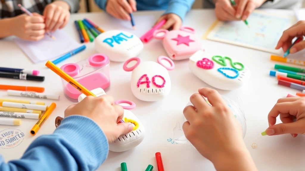 Close-up of colorful decorated baby items on a white table with markers and craft supplies, guests' hands visible creating game entries, bright and cheerful