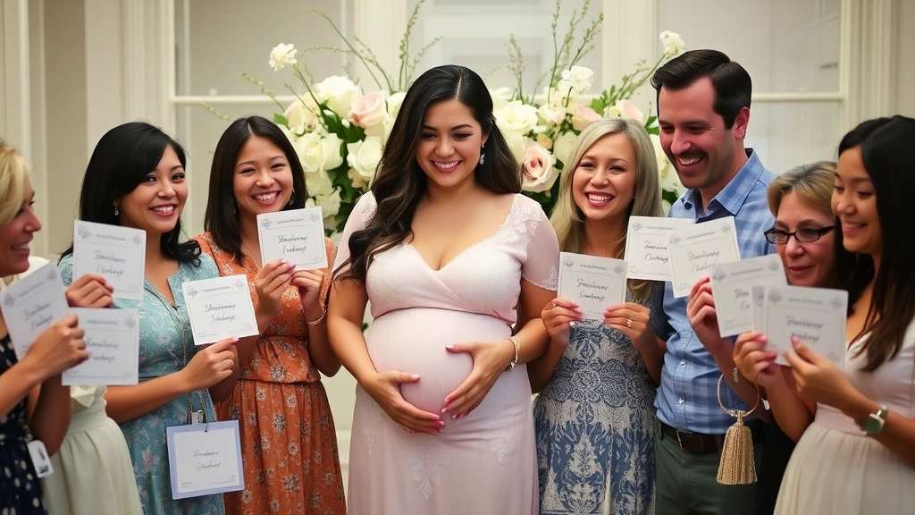 Mom-to-be surrounded by guests holding baby items and prediction cards, everyone smiling and engaged, soft indoor lighting with floral arrangements in background