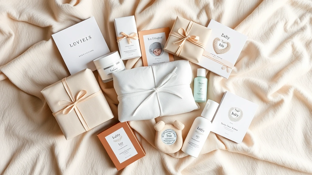Beautifully wrapped baby gifts arranged on soft neutral blanket, including personalized items, books, and luxury baby products, artistic flat lay composition