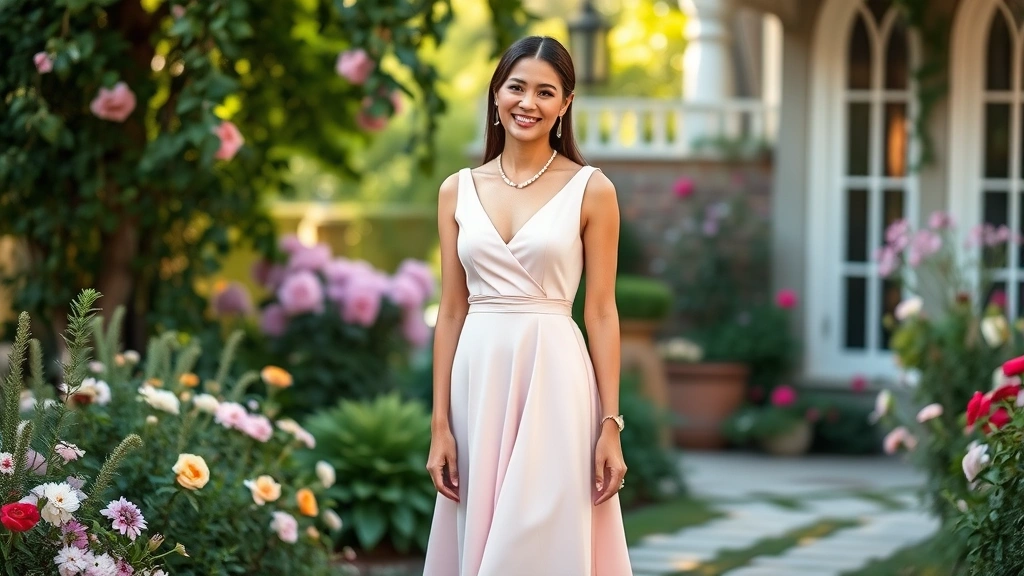 Woman in soft blush pastel midi dress standing in elegant garden setting with flowers and natural lighting, smiling warmly