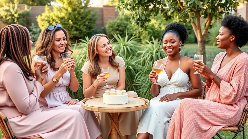 Group of diverse women at outdoor baby shower wearing coordinated soft colors—pastels, neutrals, and light hues—enjoying refreshments