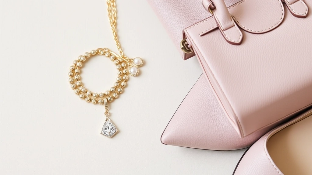 Close-up detail of stylish accessories including delicate jewelry, structured handbag, and dressy flat shoes on neutral background
