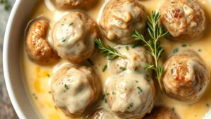 Close-up overhead view of Swedish meatballs in creamy sour cream sauce with fresh thyme garnish in a white ceramic bowl, soft natural lighting