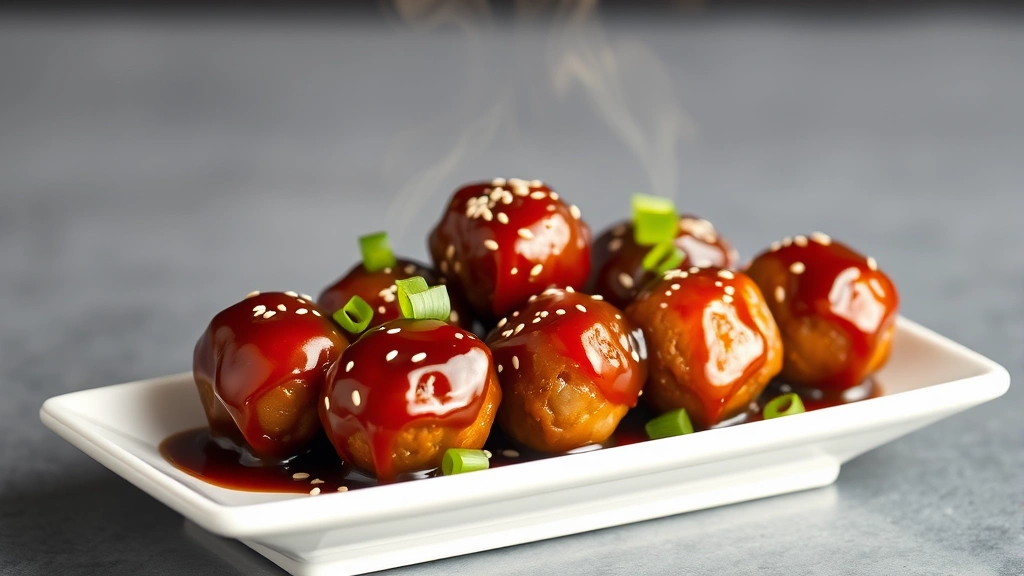 Glossy Asian-glazed meatballs on small white rectangular plate with sesame seeds and green onion garnish, steam rising slightly, minimalist styling