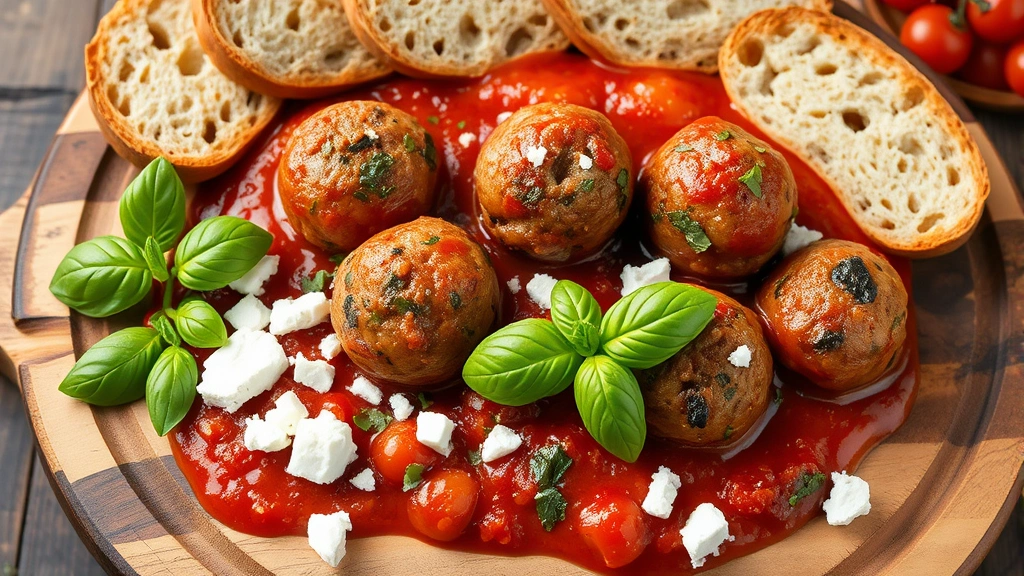 Mediterranean herb meatballs in tomato sauce with fresh basil leaves, feta cheese crumbles, and olives arranged on rustic wooden board with bread slices