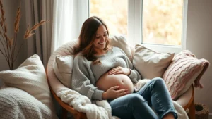 Pregnant woman sitting in a cozy chair surrounded by soft blankets and cushions, gently cradling her belly with a peaceful, joyful expression, warm natural lighting from a nearby window
