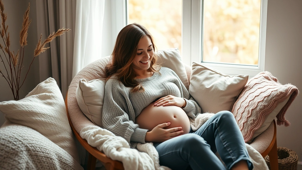 Pregnant woman sitting in a cozy chair surrounded by soft blankets and cushions, gently cradling her belly with a peaceful, joyful expression, warm natural lighting from a nearby window