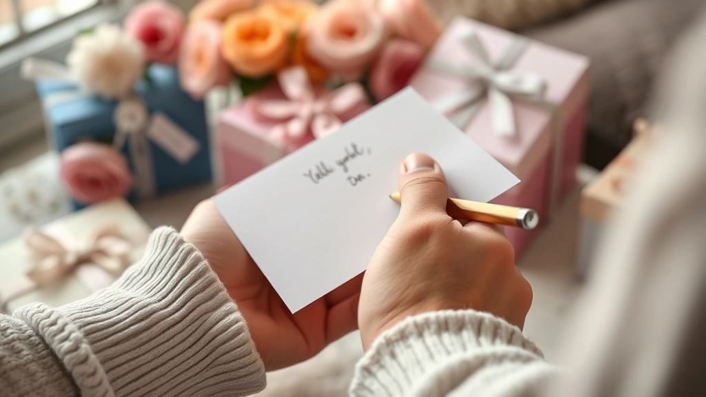 Close-up of hands holding a handwritten card with a pen nearby, soft focus background of flowers and gift boxes, warm and intimate aesthetic, natural daylight