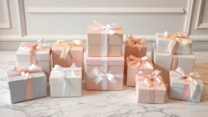 Elegant baby shower favor display with beautifully wrapped gifts, ribbon, and decorative boxes arranged on a marble table with soft lighting