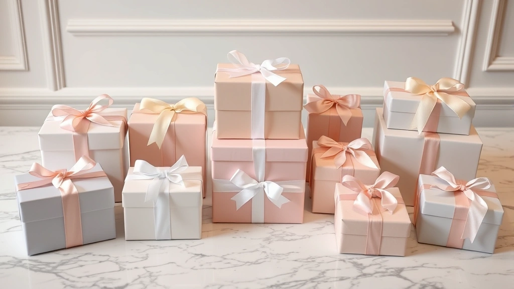 Elegant baby shower favor display with beautifully wrapped gifts, ribbon, and decorative boxes arranged on a marble table with soft lighting