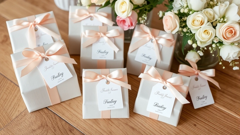 Elegantly wrapped baby shower favors displayed on a wooden table with pastel ribbons, personalized gift tags, and floral decorations in soft neutral tones