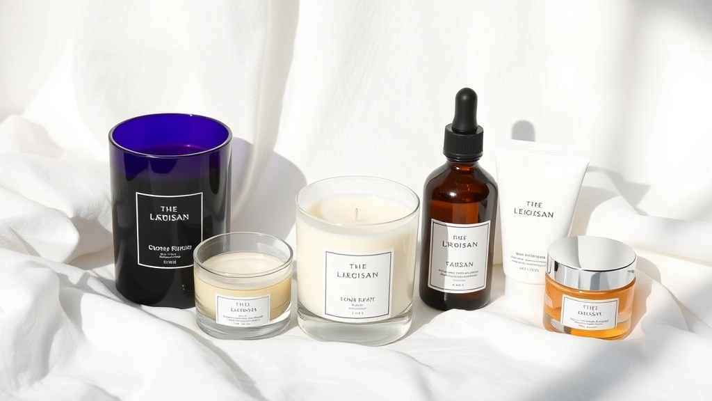 Artisan candles and luxury skincare products in minimalist packaging, arranged aesthetically on white linen with natural lighting and soft shadows