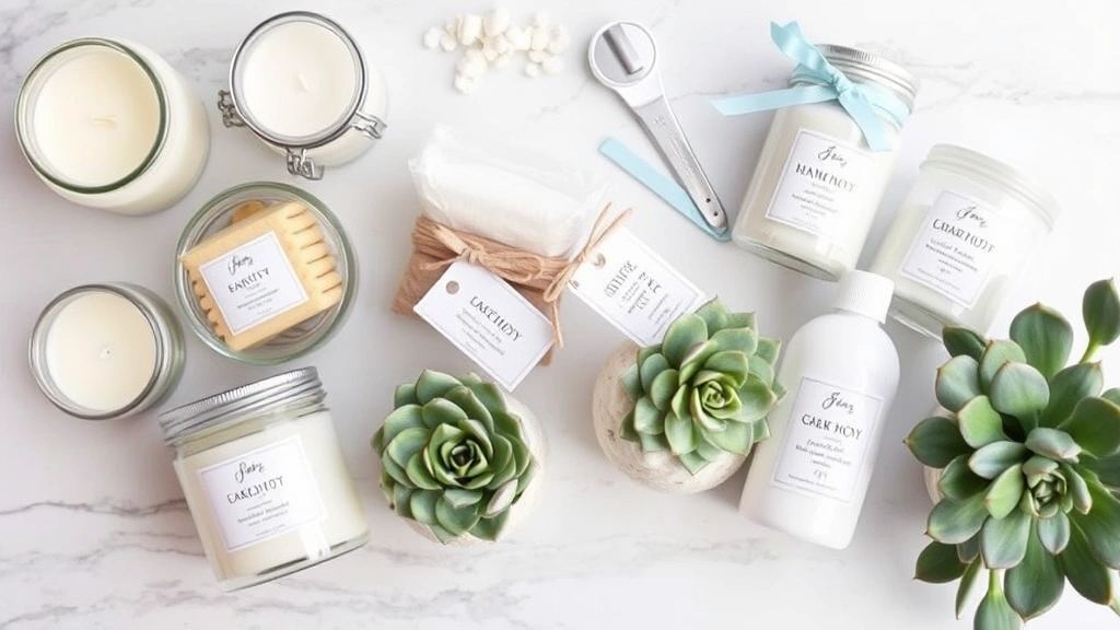 Assorted handmade baby shower favors including candles, cookies in decorative jars, succulent plants, and custom-labeled bath products arranged on white marble surface