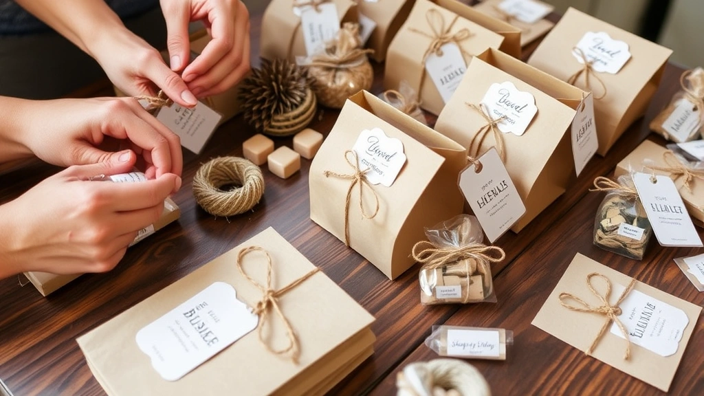 DIY favor assembly station with kraft paper bags, custom labels, twine, and various small gift items being carefully packaged and decorated