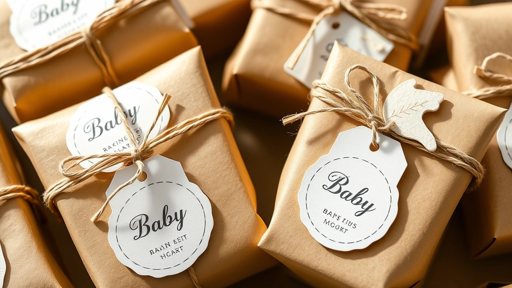 Close-up of beautifully packaged favor items showing kraft paper wrapping, twine, personalized labels, and baby-themed embellishments with natural lighting