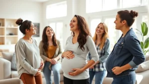 Pregnant woman and friends laughing together in a bright, modern home living room with comfortable seating and natural light streaming through windows