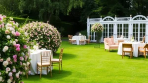 Elegant outdoor garden setting with flowering bushes, round tables with white linens, and comfortable seating arranged for celebration
