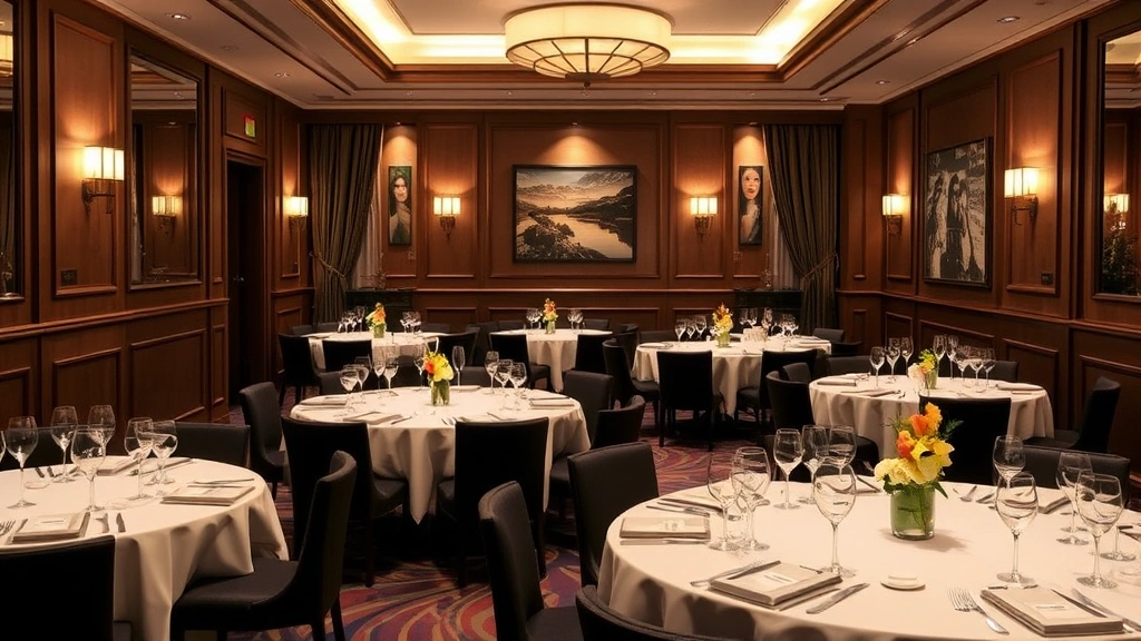 Elegant restaurant private dining room set with round tables, place settings, and soft ambient lighting ready for an event celebration