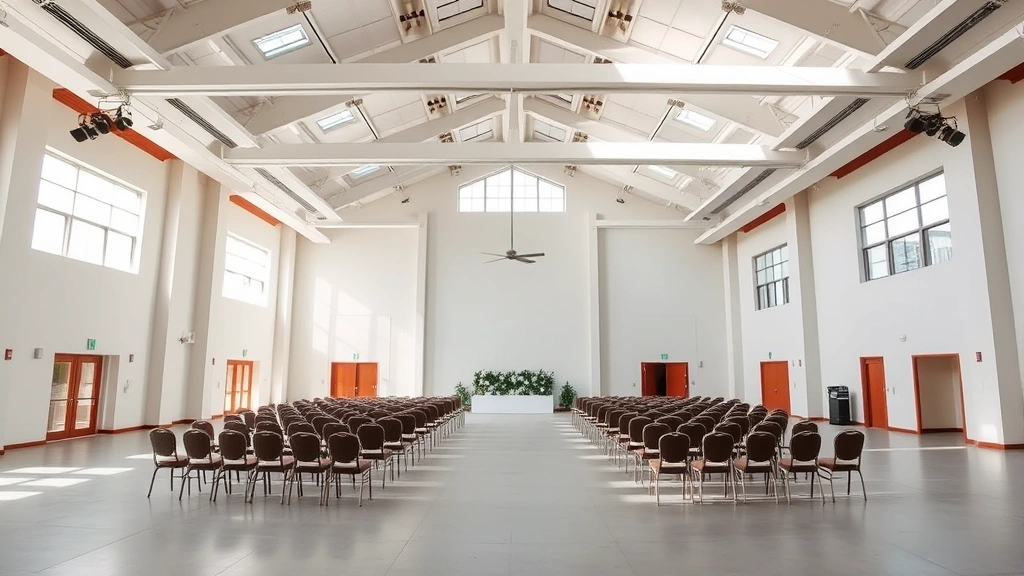 Bright, modern event hall with high ceilings, natural light from windows, and flexible open space ready for decoration and setup