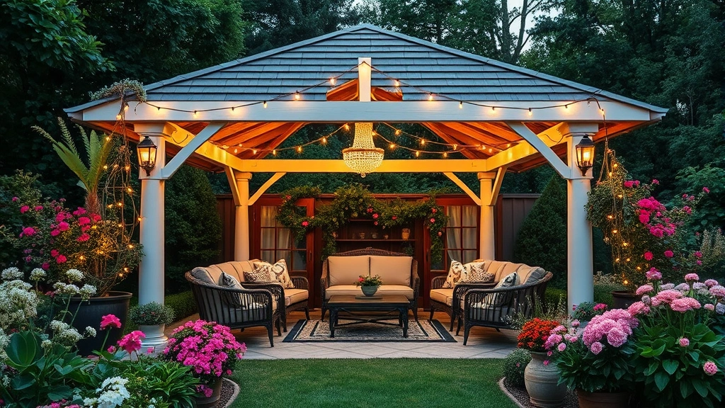 Beautiful outdoor garden pavilion decorated with string lights and comfortable seating, surrounded by blooming flowers and greenery