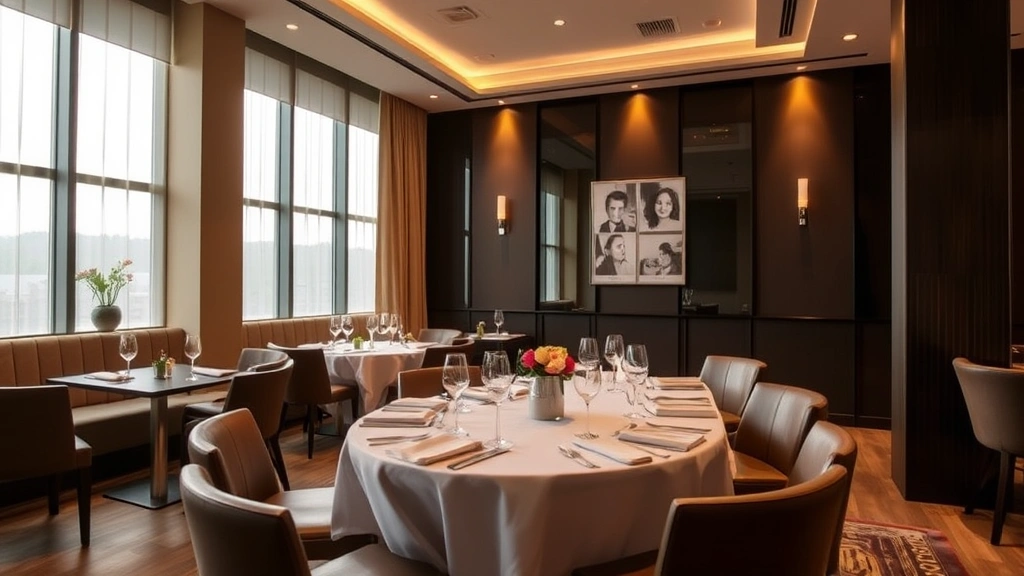 Modern restaurant private dining room with contemporary furnishings, soft ambient lighting, large windows, and elegantly set tables prepared for an upscale gathering