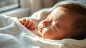 Close-up of a peaceful infant sleeping peacefully in a cozy cotton sleep sack, soft morning light streaming through a window