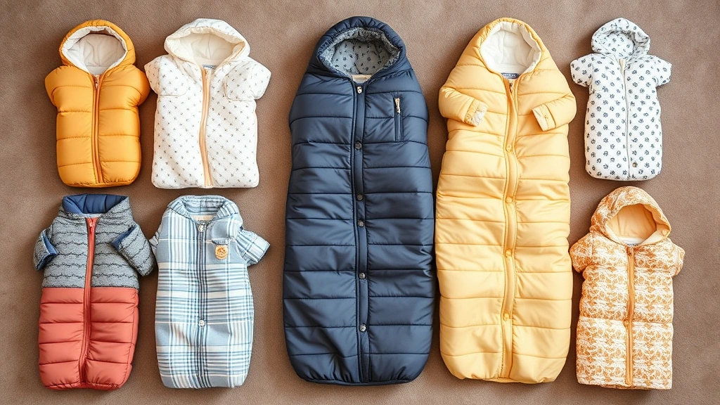 Flat lay display showing various baby sleeping bags in different colors, patterns, and thicknesses arranged on a soft surface