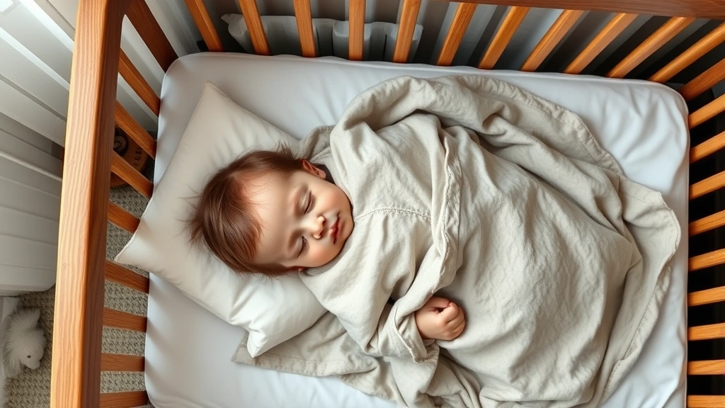 Overhead view of a toddler sleeping soundly in a lightweight wearable blanket inside a modern wooden crib with white bedding