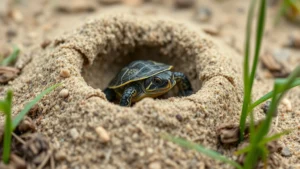 Tiny hatchling snapping turtle emerging from sandy soil nest, surrounded by grass and earth, realistic macro photography style