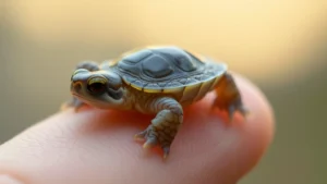 Tiny translucent baby snapping turtle on a human fingertip, showing intricate shell patterns and small claws, natural lighting against blurred background