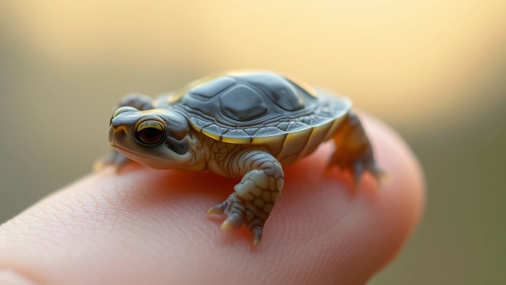 Tiny translucent baby snapping turtle on a human fingertip, showing intricate shell patterns and small claws, natural lighting against blurred background